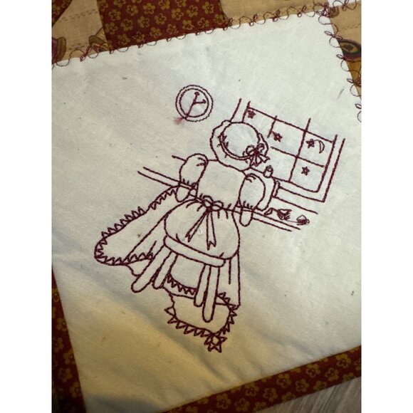 Handcrafted Quilted Wall Hanging With Embroidered Sewing Scenes & "Love To Quilt - Picture 5 of 9